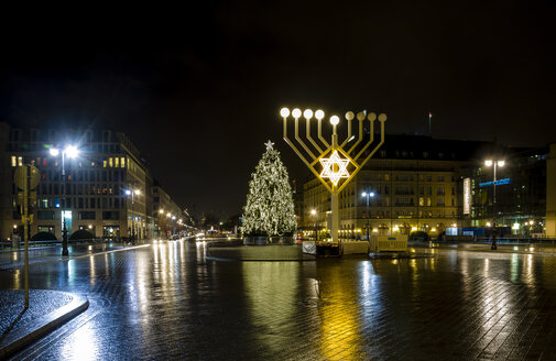 Germany, Berlin, giant Hanukkah menorah near Brandenburg Gate at night - BIGF000041