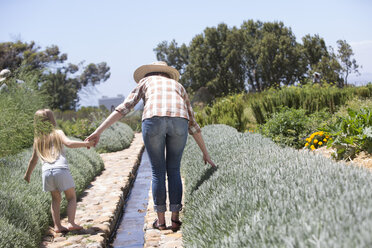 Frau und kleine Tochter spazieren in einem Garten mit Lavendel - ZEF004051
