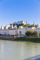 Austria, Salzburg, View to old town with Hohensalzburg Castle, River Salzach - AMF003569