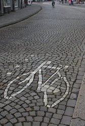 Niederlande, Maastricht, Fahrradschild auf einer kopfsteingepflasterten Straße - FL000730