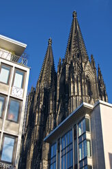 Deutschland, Nordrhein-Westfalen, Köln, Blick auf den Kölner Dom mit zwei Häusern im Vordergrund - MHF000342