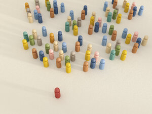3D rendering of game pieces with one standing out from the crowd - UWF000327