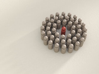 3D rendering of group of game pieces circling red game piece - UWF000328