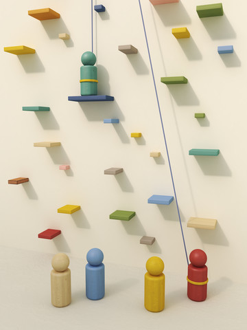 3D rendering of game pieces in climbing gym stock photo