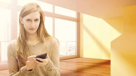 Young woman using cell phone in empty apartment, composite - UWF000339