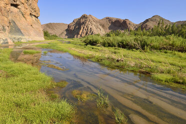 Namibia, Kaokoland, Namib-Wüste, fließendes Wasser und grüne Vegetation am Hoarusib-Fluss - ESF001497