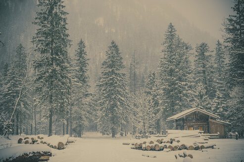 Germany, Bavaria, Berchtesgaden National Park, wooden hut in winter landscape - MJF001386