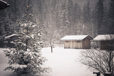 Deutschland, Bayern, Berchtesgadener Land, Holzhütte in Winterlandschaft - MJF001389