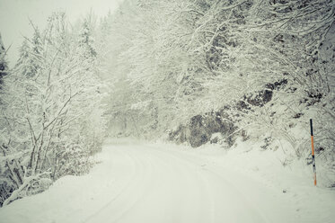 Deutschland, Bayern, Berchtesgadener Land, Landstraße in Winterlandschaft - MJF001396