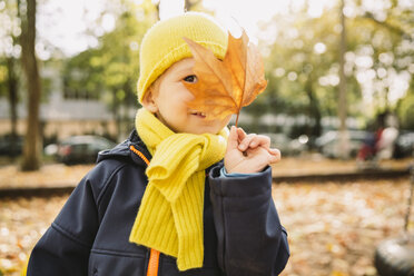 Kleinkind versteckt sich hinter Herbstblatt - MFF001362