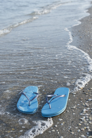 Italy, Adriatic Sea, Flip flops and sea shells on beach stock photo