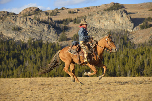 USA, Wyoming, Cowgirl-Reiten - RUEF001378