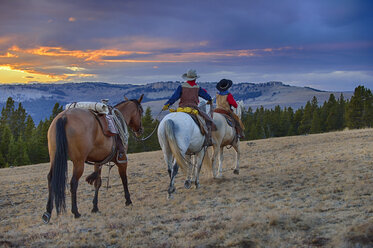 USA, Wyoming, zwei junge Cowboys reiten bei Sonnenuntergang durch die Wildnis - RUEF001413