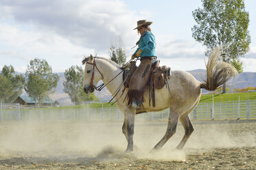 USA, Wyoming, Cowgirl working with horse - RUEF001353