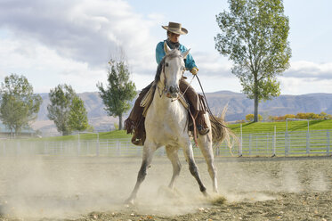 USA, Wyoming, Cowgirl arbeitet mit Pferd - RUEF001354