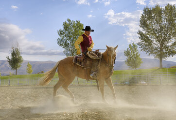 USA, Wyoming, Cowboy arbeitet mit Pferd - RUEF001355
