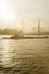 Germany, Hamburg, harbor facility and ship in the evening light - KRP001215