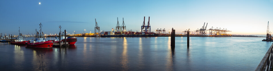 Germany, Hamburg, Harbour, Elbe river, Blue hour, Panorama - KRP001259