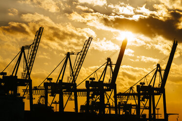 Deutschland, Hamburg, Containerkräne bei Sonnenuntergang - KRPF001253