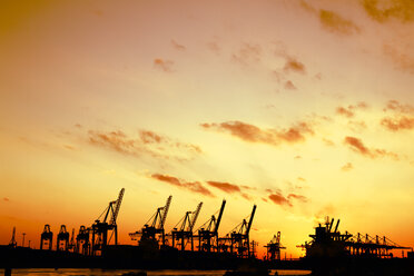 Deutschland, Hamburg, Hafen, Kräne an der Elbe bei Sonnenuntergang - KRPF001276