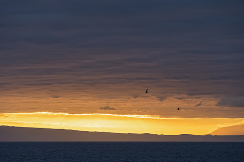 Pazifischer Ozean, Galapagos-Inseln, Sonnenuntergang über der Insel Santiago, lizenzfreies Stockfoto