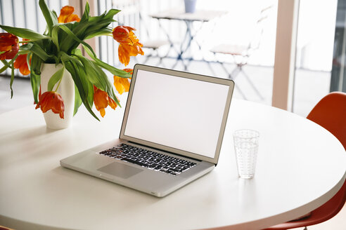 Geöffneter Laptop auf einem weißen runden Tisch mit roten Tulpen - MFF001389