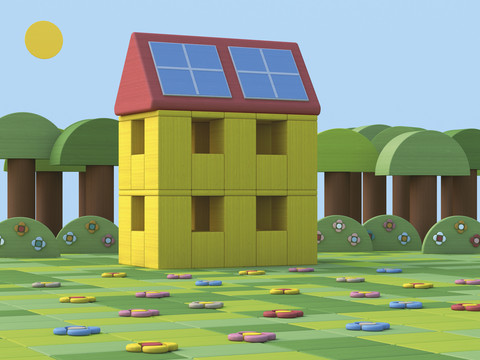 3D-Rendering, Haus mit Sonnenkollektoren, Spielzeugblöcke, lizenzfreies Stockfoto