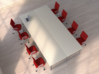 3D-Rendering, Konferenztisch mit Laptop und roten Stühlen - UWF000347