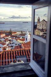 Portugal, Lisbon, view of Alfama neighborhood and River Tejo through open window - EHF000067