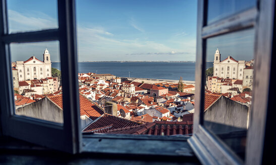 Portugal, Lisbon, view of Alfama neighborhood and River Tejo through open window - EHF000068