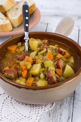 Pot of lentil soup with sliced minced pork sausage - ODF001041