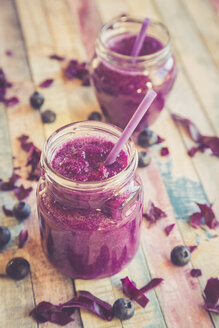 Two glasses of blueberry beetroot smoothie with chia seeds - SARF001244