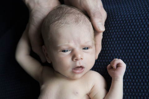 Porträt eines Neugeborenen mit dem Kopf in den Händen seines Vaters, lizenzfreies Stockfoto