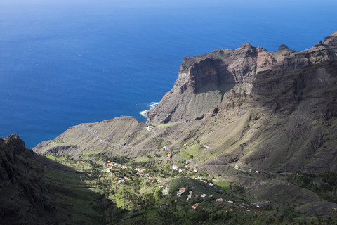 Spanien, Kanarische Inseln, La Gomera, Valle Gran Rey, Tejeleche Berge, Blick auf Taguluche, lizenzfreies Stockfoto