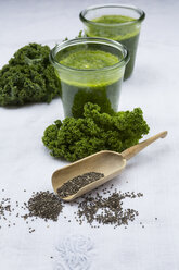 Two glasses of kale smoothie and chia seeds - LVF002618