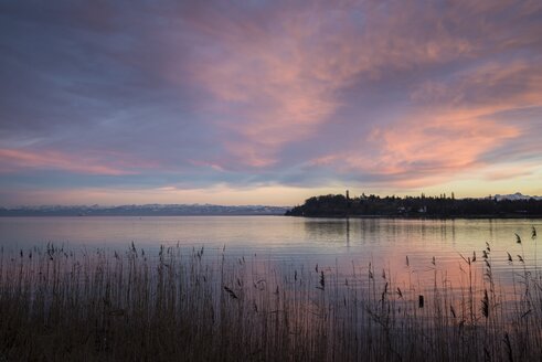 Deutschland, Landkreis Konstanz, Dämmerung über dem Bodensee mit Schweizer Alpen am Horizont - ELF001468