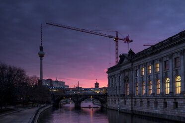 Germany, Berlin, television tower and lighted Bode Museum at twilight - BIGF000054