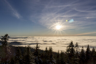 Germany, Baden-Wuerttemberg, Black Forest, View over cloud cover against the sun - JUNF000175