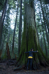 Canada, Vancouver, woman hugging tree in forest - NGF000206