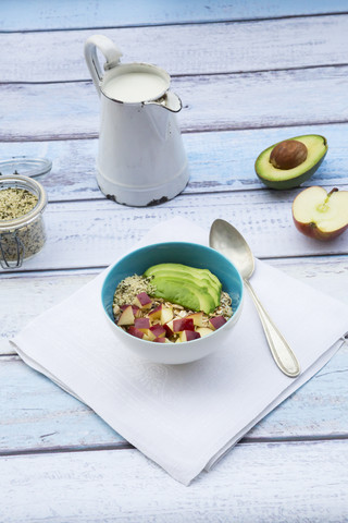 Avocado apple muesli with hemp seeds stock photo