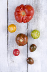 Different tomatoes on white wood - ODF001125