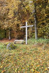 Österreichisches Innviertel, Wegkreuz und leere Bank am Waldrand - WWF003429