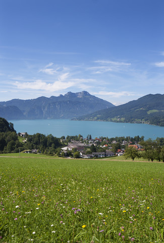 Austria, Seefeld, with lake Attersee and Schafberg stock photo