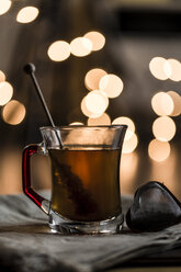 Glass of black tea, rock candy and heart-shaped tea strainer - SARF001288