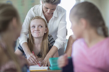 Teacher correcting schoolgirl's bad test - ZEF004995