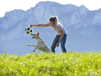 Österreich, Mondsee, Frau spielt mit Labrador Retriever auf Almwiese - WWF003743