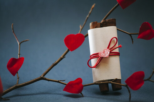 Self-made scroll and fixed red paper hearts on a twig - BZF000013