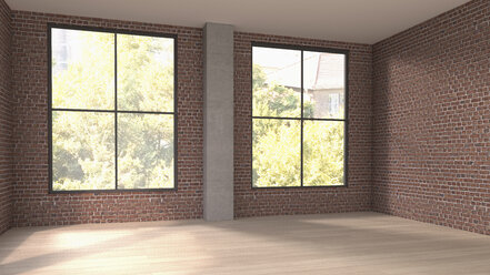 Leerer Raum mit zwei Fenstern, 3D Rendering - UWF000358