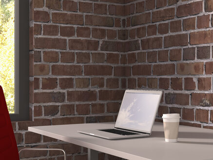 Schreibtisch mit Laptop und Kaffee zum Mitnehmen, 3D-Rendering - UWF000353