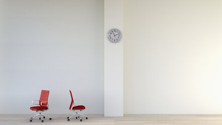 White room with two red office chairs and a wall clock, 3D Rendering - UWF000355